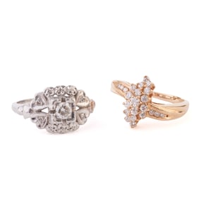 Two Diamond, Platinum, 14k Yellow Gold Rings.