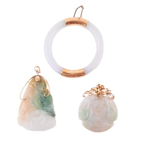 Three Jadeite Jade, 14k Gold Jewelry Items.