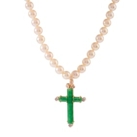 Mikimoto Cultured Pearl Necklace with Jade Cross.