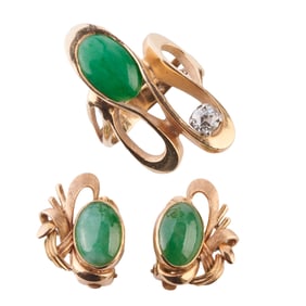 Jade, Diamond, 14k Yellow Gold Jewelry Suite.
