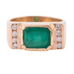 Men's Emerald, Diamond, 14k Yellow Gold Ring.
