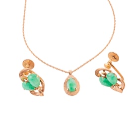 Jadeite Jade, 14k Yellow Gold Jewelry Suite.