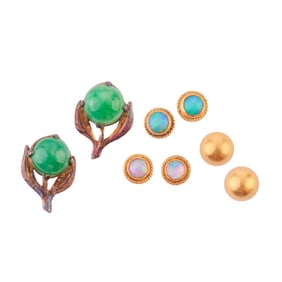 Four Pairs of Jade, Opal, Yellow Gold Stud Earrings.