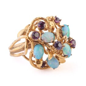 Opal, Garnet, 14k Yellow Gold Ring.