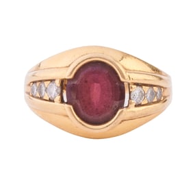 Men's Garnet, Diamond, 18k Yellow Gold Ring.