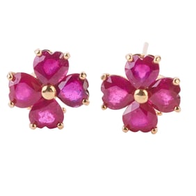 Pair of Ruby, 14k Yellow Gold Flower Earrings.