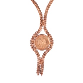 Mexican Dos Pesos Gold Coin, 14k Yellow Gold Necklace.