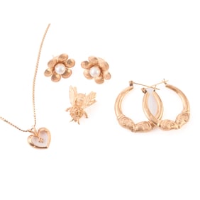 Four Diamond, Cultured Pearl, 14k Gold Jewelry Items.