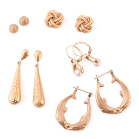 Five Pairs of Cultured Pearl, 14k Yellow Gold Earrings.