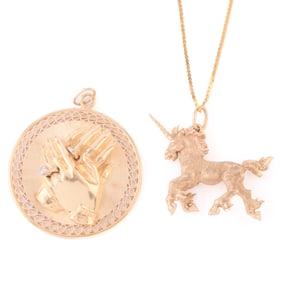 14k Yellow Gold Double Pendant Necklace.