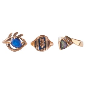 Collection of Three Multi-Stone, Yellow Gold Rings.
