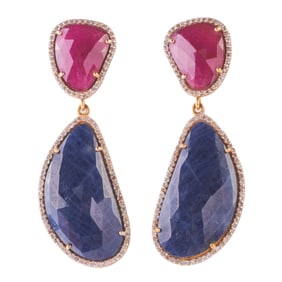 Ruby, Sapphire, Diamond, 18k Gold, Vermeil Earrings.