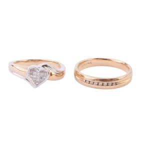 Two Diamond, 14k Yellow and White Gold Rings.