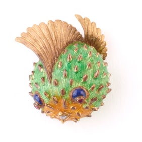 Moba Enamel, Diamond, Ruby, 18k Gold Fish Brooch.