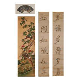 Three Chinese Embroidered Couplets and Fan Painting