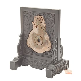 Chinese Jade and Hardstone Bi Disc on Wooden Screen