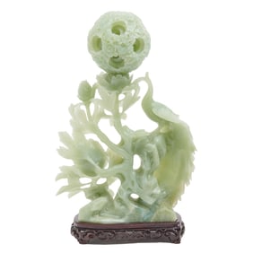 Chinese Pale Green Jade Statue, Phoenix and Peony.