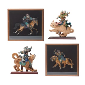 Four Chinese Roof Tile Figures Riding Animals