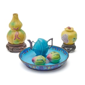 Lot of Six Chinese Famille Rose and Cloisonne Items