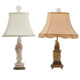 Two Chinese Guanyin and Green Quartz Vase Lamps