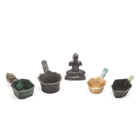 Group of Five Chinese Metal Silk Irons and Statue