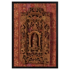 Chinese Lacquered and Gilt Wood Panel on Textile.