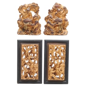 (Lot of Four) Chinese Lacquered and Gilt Carvings