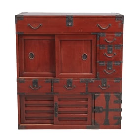 Japanese Red Lacquered Tansu Cabinet