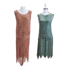 Two Beaded Faux Jewel Lame Flapper Dresses