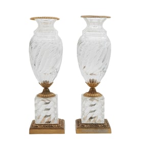 Pair of Baccarat Style Gilt Brass and Glass Urns