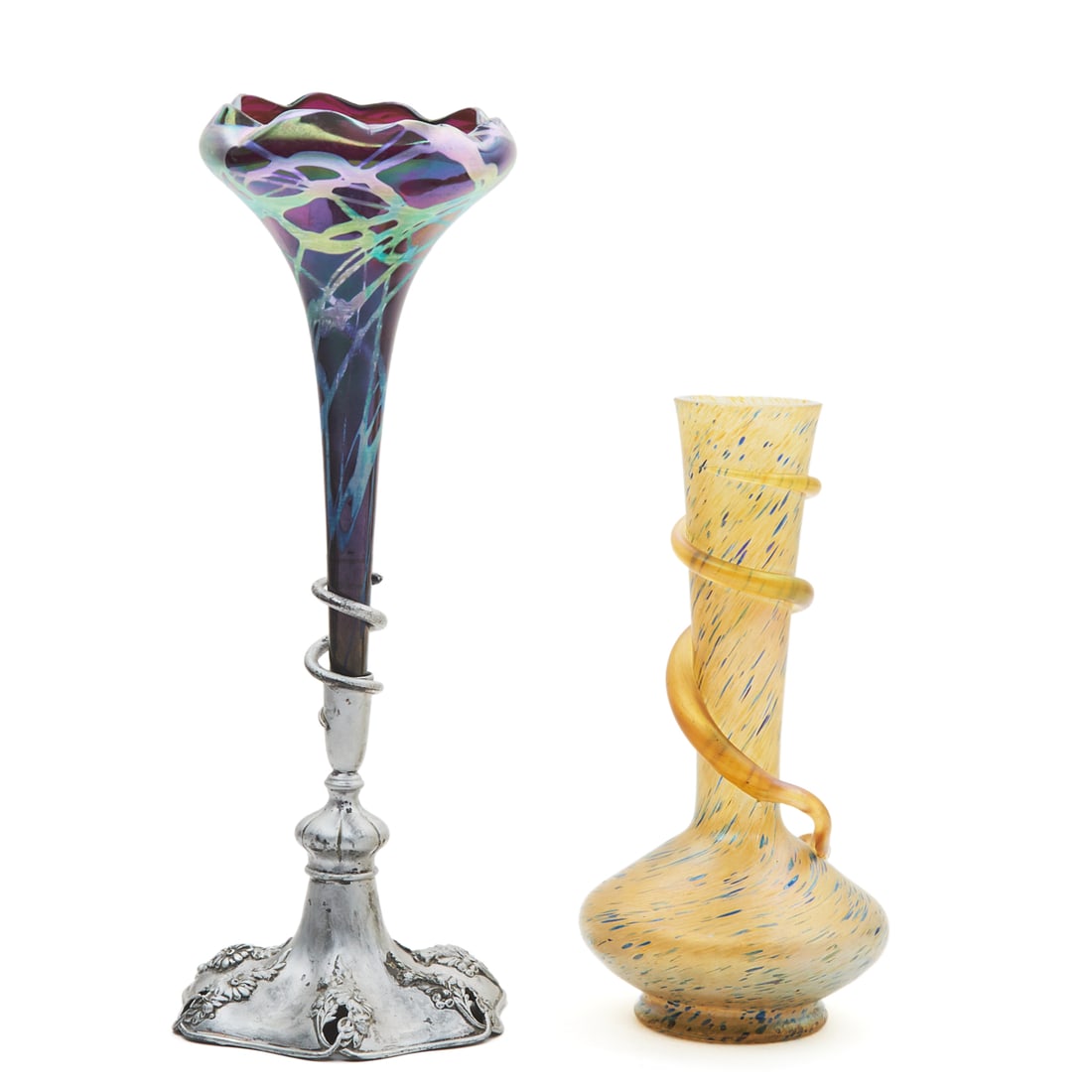 Two Art Nouveau Glass Vases Including Loetz Type: Two Art Nouveau Glass Vases Including Loetz Type. Comprising Loetz type iridescent gold vase with blue speckle and snake wrapped around the neck, purple glass trumpet vase with iridescent blue decorat