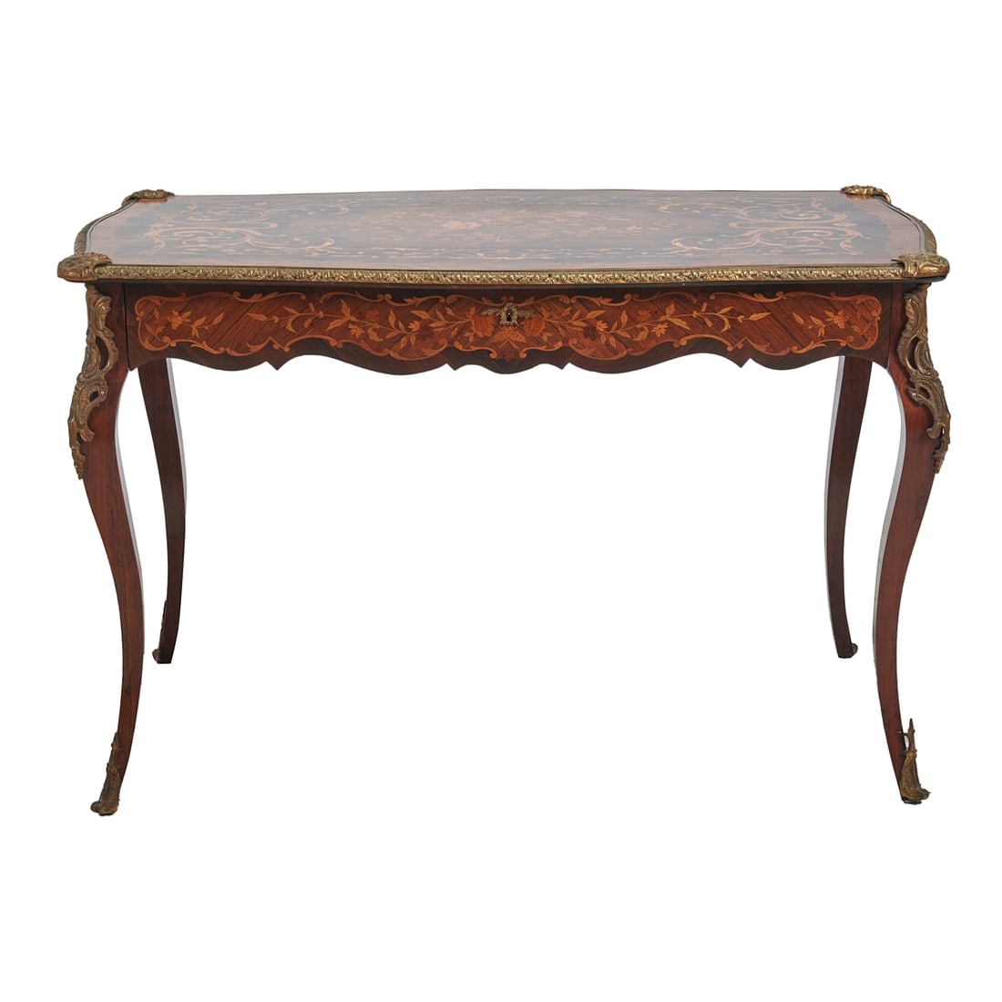 Louis XVI Style Marquetry Bureau Plat: Louis XVI Style Marquetry Bureau Plat. Gilt metal mounts, floral marquetry to top with scrolled foliate surround, inlaid decoration throughout, single drawer. {Approximate dimensions: 29" high x 45" w