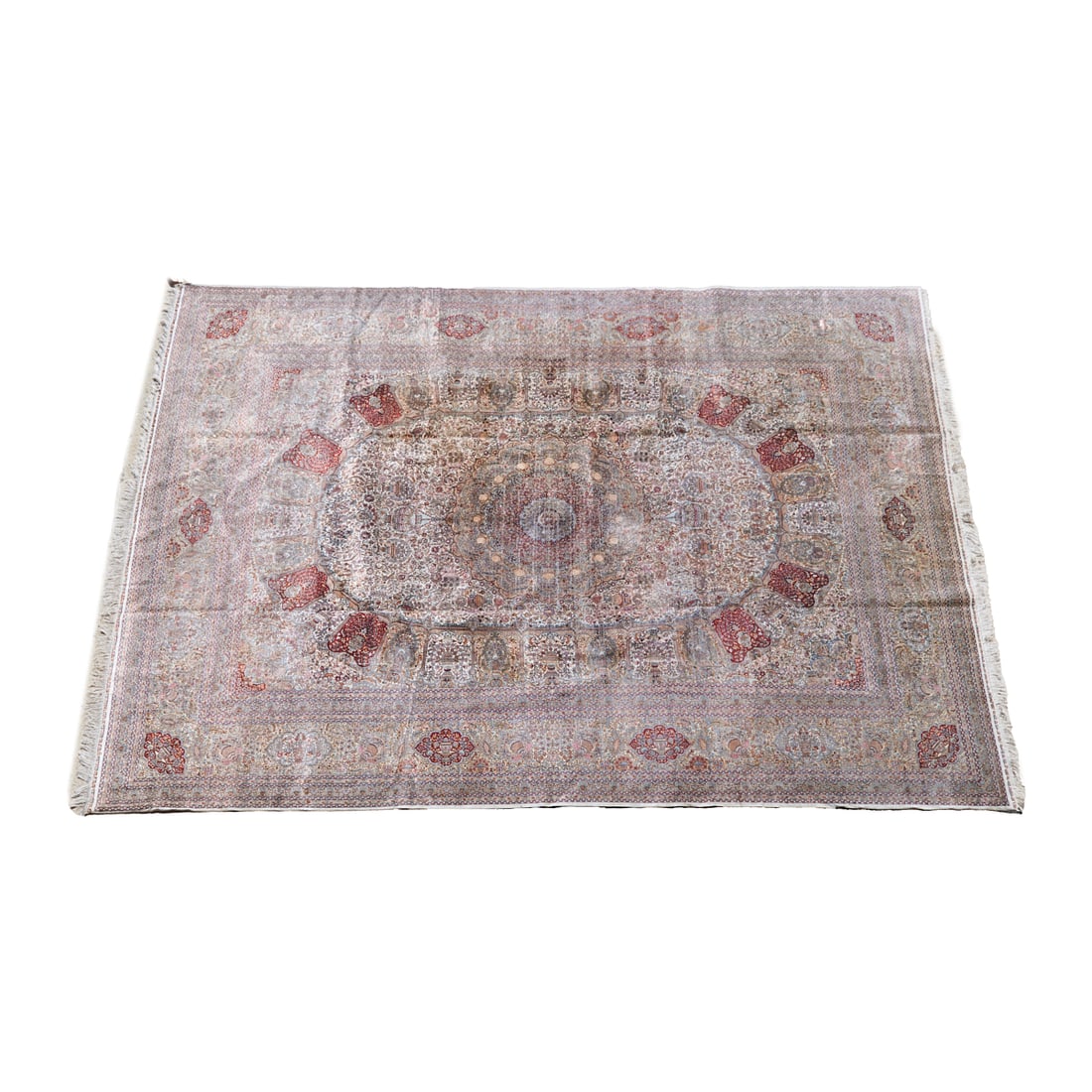 Persian Silk Carpet: Persian Silk Carpet. Dense floral and foliate motif accented with panels centering decorative objects throughout including vases and pitchers; woven in blues, reds, cream, black, orange, beige. {Appro