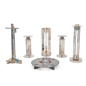 Swid Powell Silverplate Candlesticks and Trivet