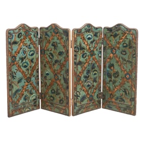 Antique Continental Painted Leather Floor Screen