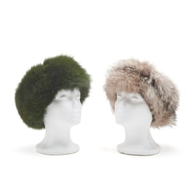 Two Dyed Fur and Ruched Velvet Hats