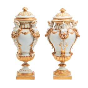 Pair of German Empire Style Porcelain Covered Urns