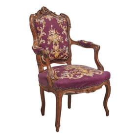 Louis XV Style Walnut Needlepoint Upholstered Fauteuil
