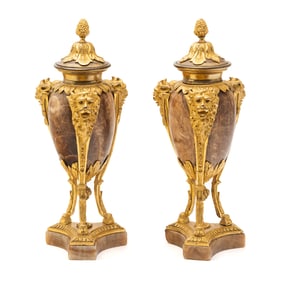 Pair of French Empire Alabaster and Dore Bronze Urns