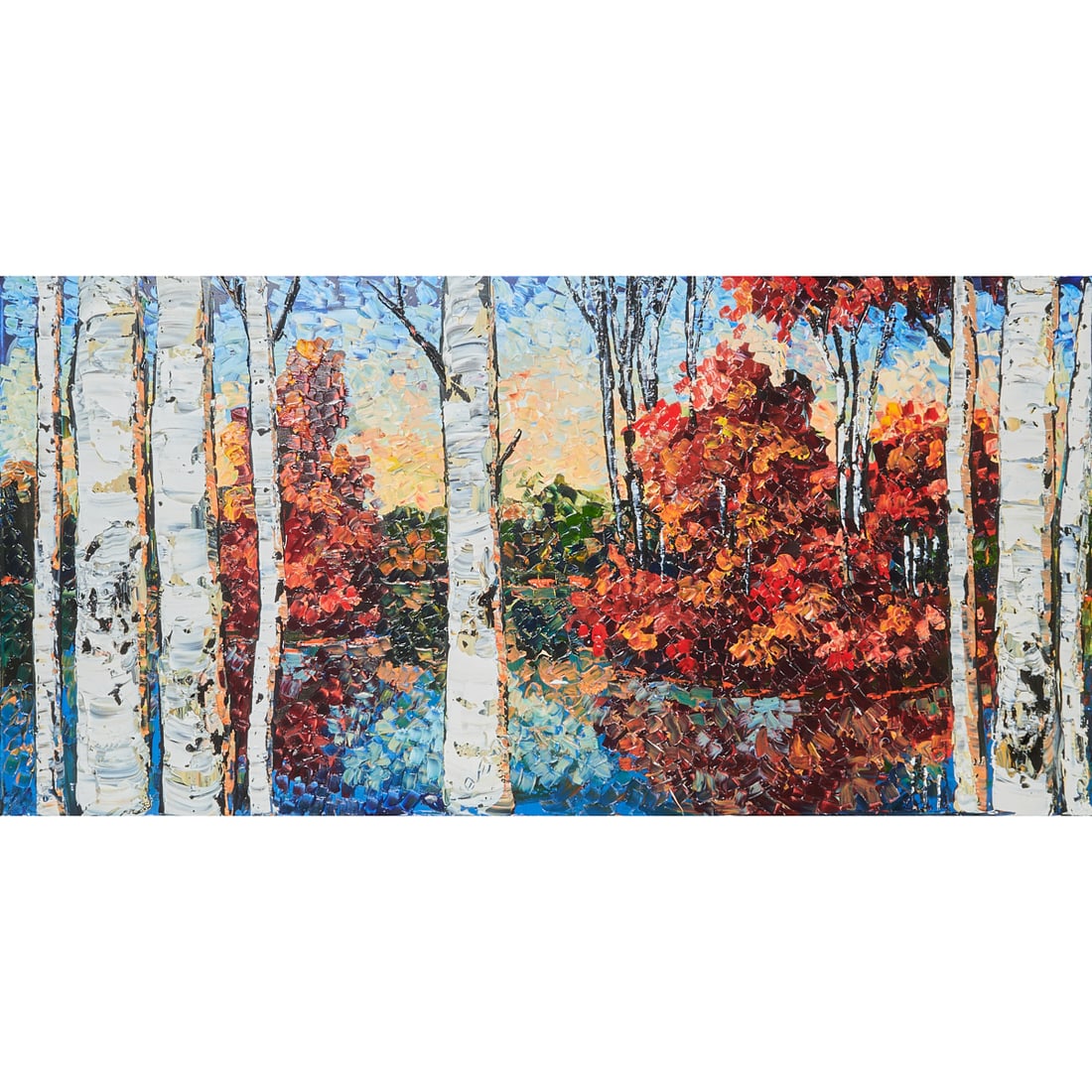 Maya Evento, Birch Trees, oil on canvas: MAYA EVENTO (Russian/Canadian, born 1964), Birch Trees, oil on canvas, (approximate dimensions - canvas: 30 x 60 inches), signed at low center. Condition: Impasto, surface dust and dirt, no visible in