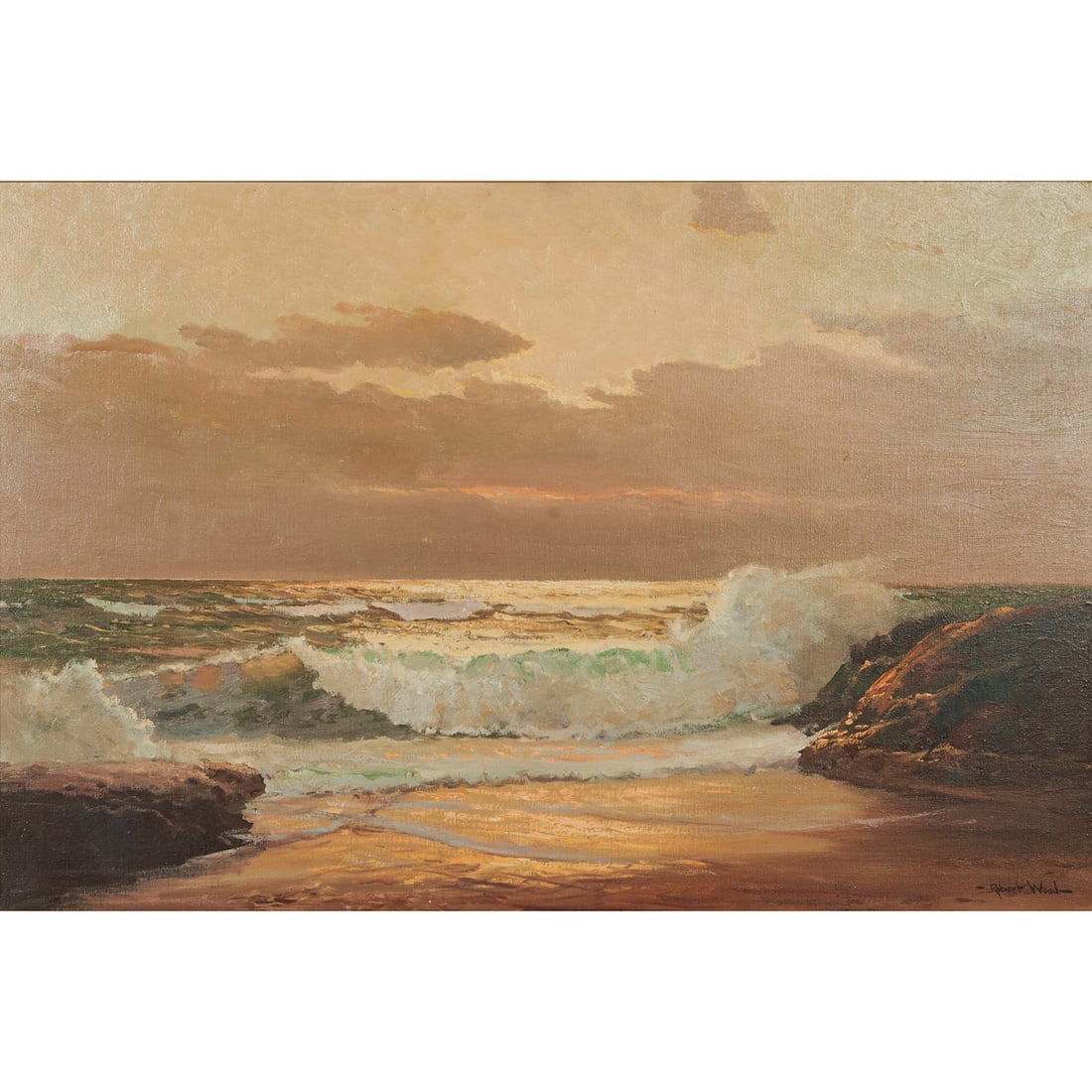 Robert E. Wood, Setting Sun, oil on canvas: ROBERT E. WOOD (Canadian, 1919-1980), "Setting Sun" (Sunset Seascape), oil on canvas, (approximate dimensions - canvas: 24-1/4 x 36 inches), signed lower right; titled verso. Condition: Surface dust a