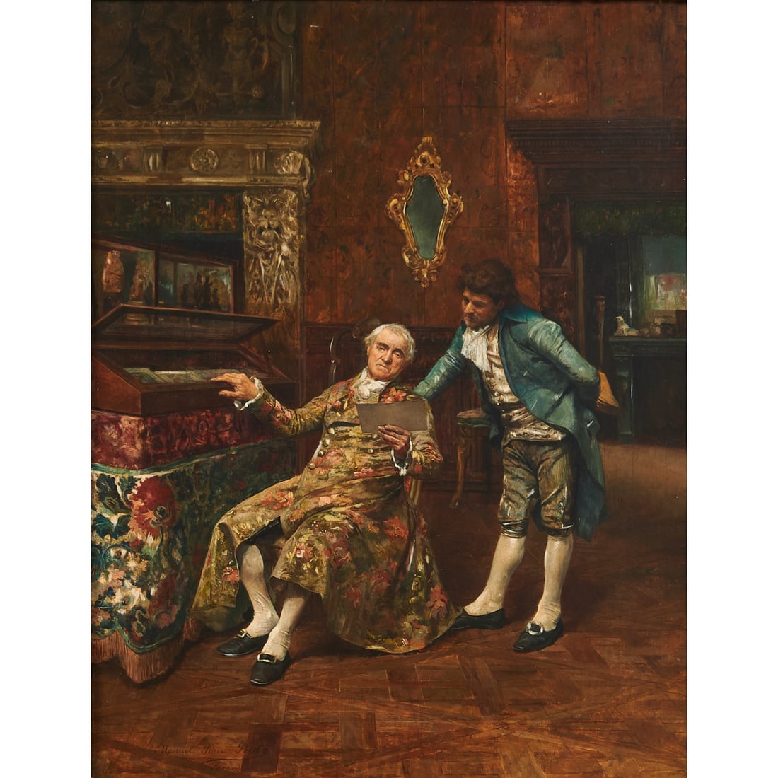 Manuel Jimenez Prieto, The Connoisseur, oil on board: MANUEL JIMENEZ PRIETO (Spanish, 1849-1904), "The Connoisseur," oil on board, (approximate dimensions - sight: 15-1/2 x 12 inches), signed and region: Paris at lower left; titled and named on plaque re