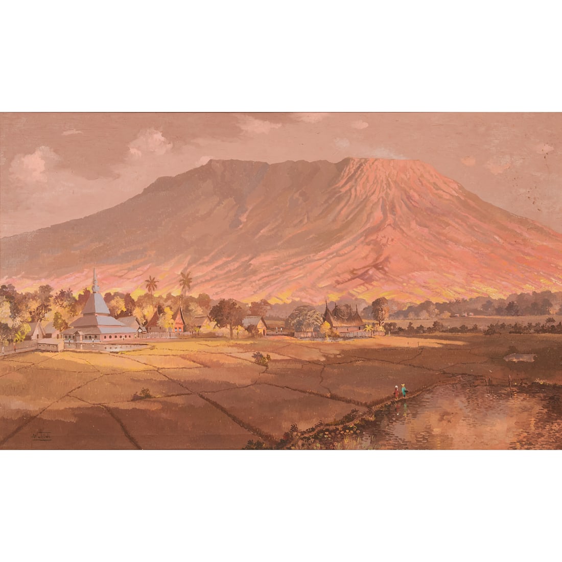 Agus Wakidi, Mount Merapi, oil on canvas: AGUS WAKIDI (Indonesia, born 1928), "Mount Merapi Western Sumatra," 1968, oil on canvas, (approximate dimensions - canvas: 31-1/4 x 51-1/2 inches), signed lower left; titled, named, and artist's dates