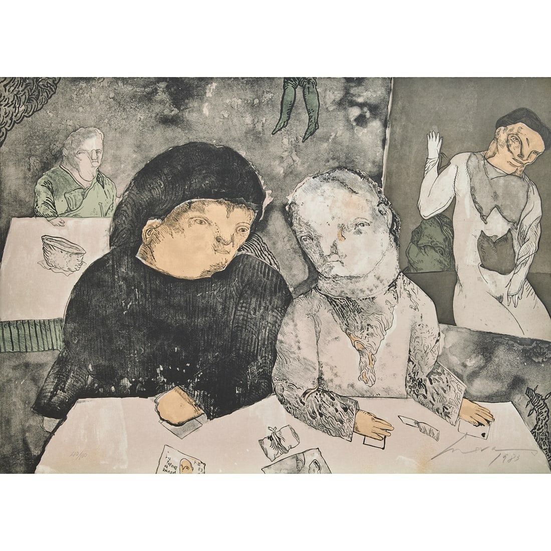 Jose Luis Cuevas, Los Papeles de Salzar, lithograph: JOSE LUIS CUEVAS (Mexican, born 1933), "Los Papeles de Salzar," 1983, lithograph in colors, (approximate dimensions - sheet: 24-1/2 x 34 inches), numbered 40/100, signed, and dated at low margin; blin