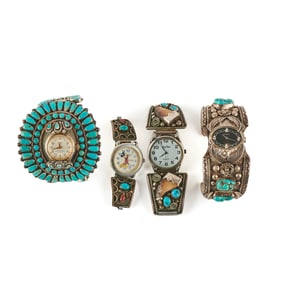 Four Native American Multi-Stone, Silver Watch Mounts.