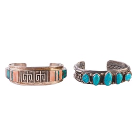Two Native American Multi-Stone, Silver Cuff Bracelets.