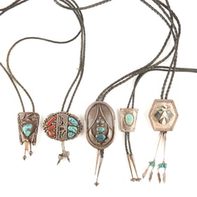 *Five Native American Multi-Stone, Silver Bolo Ties.