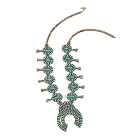 Native American Zuni Turquoise Squash Blossom Necklace.