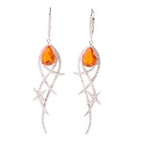 Pair of Fire Opal, Diamond, 18k White Gold Earrings.