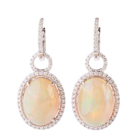 Pair of Opal, Diamond, 14k White Gold Earrings.